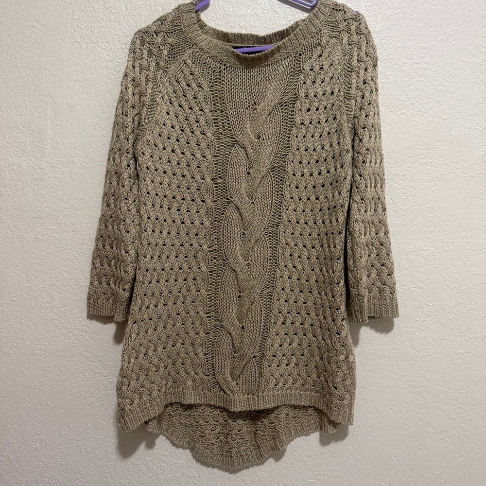 Womens Tan Cable Knit Open Weave 3/4 Sleeve Sweater Top M